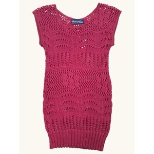 Offspring Magenta Pink Crochet Knit Sleeveless Sweater Top Scoop Neck Ribbed Hem